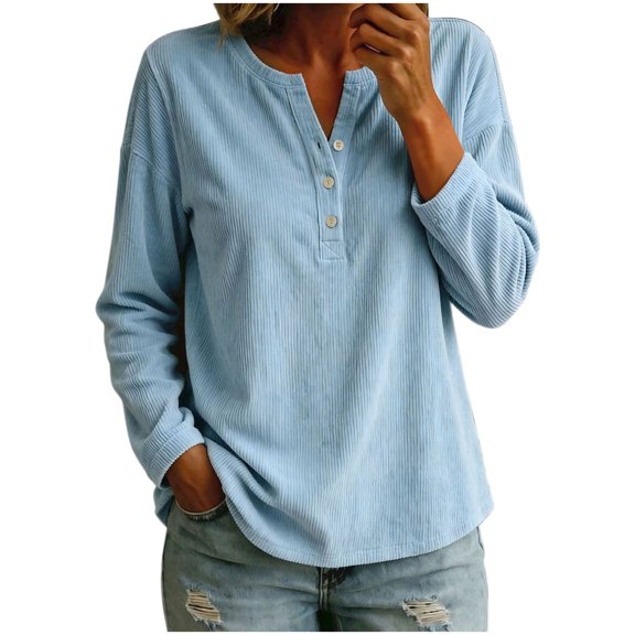 Levmjia Women's Solid Color V Neck Sweater Long Sleeve Button Detail Loose Fit Casual Knit Pullover Top for Fall Winter