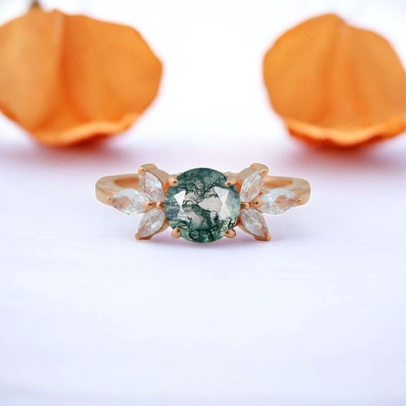 DBESTSTUDIOS 5 MM / 1 CT Round Cut Natural Moss Agate Engagement Ring Women Diamond Cluster Ring Art Deco Proposal Gift Ring Custom Gold Ring