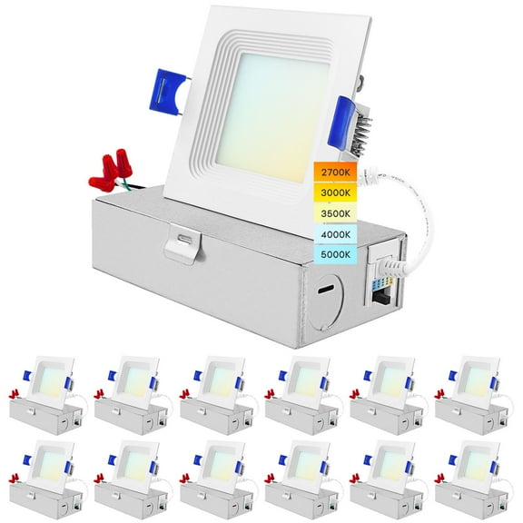 Luxrite 12-Pack 3 Inch Square LED Recessed Lighting, 8W, 5CCT Color Selectable 2700K-5000K, 540 Lumens, Wet Rated, ETL, Baffle Trim