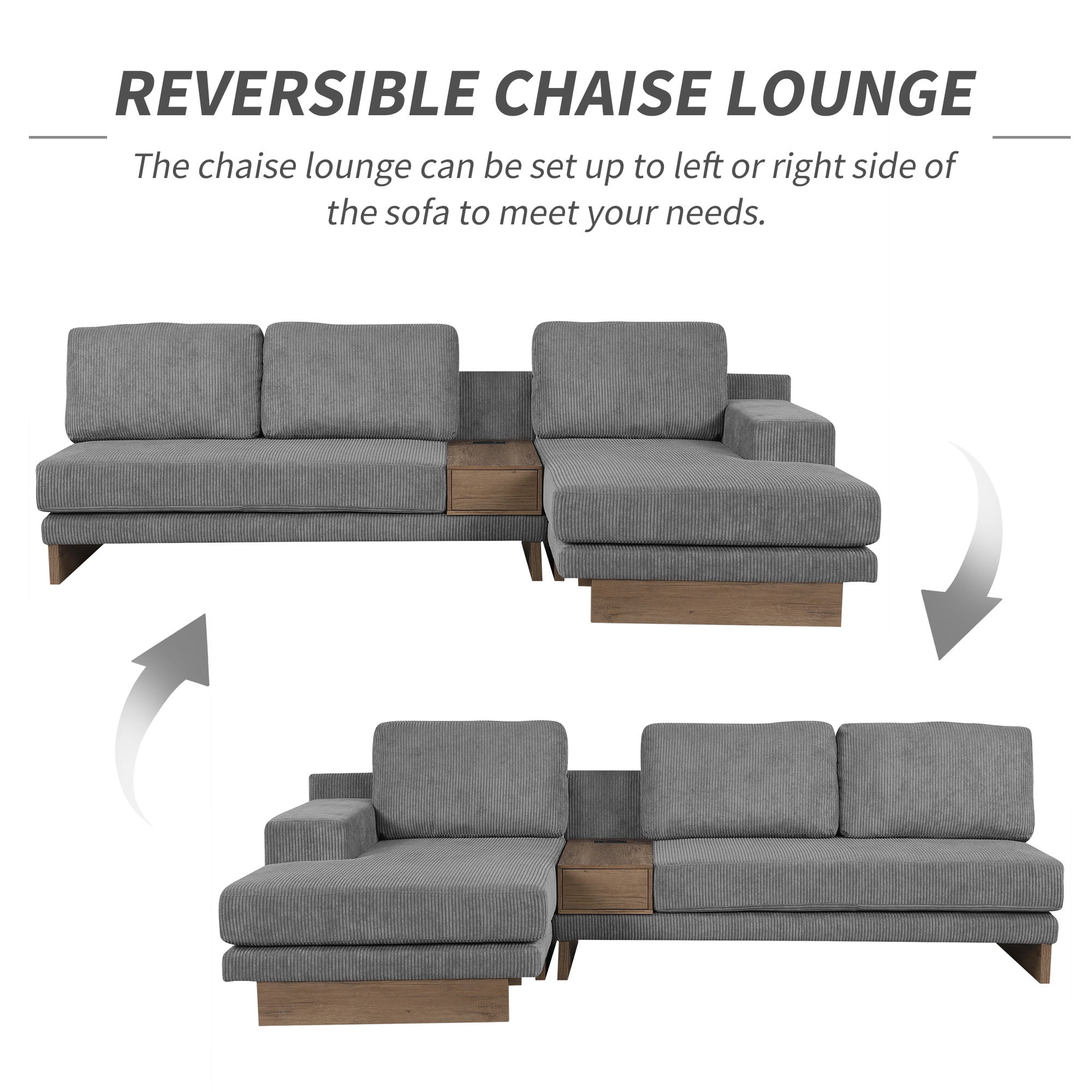 EUROCO 114" L-shaped Sectional Sofa Couch, Corduroy Sofa with 2 USB Ports, 2 Power Sockets, a Storage Drawer and a Reversible Chaise Lounge, Grey