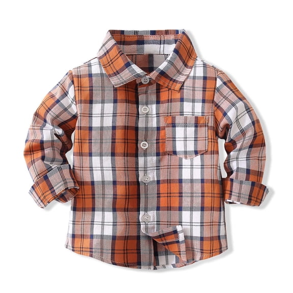 FAIOROI Infant Brown Plaid Shirt - 2T, Nylon Spandex Blend, Button-Front, Chest Pocket, Comfortable for 1-6Y Casual/School Wear