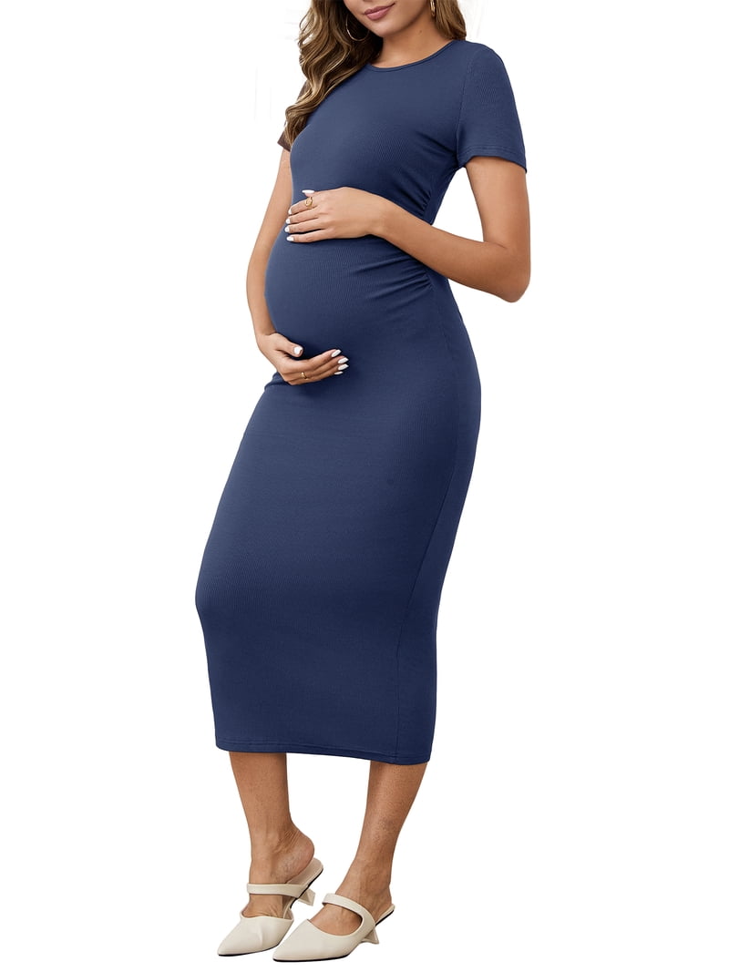 navy blue bodycon maternity dress Thea Maternity Short Sleeve Frilled Dress in Navy