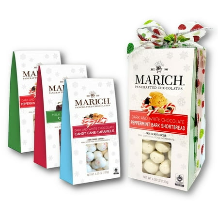Marich Chocolates Trio Gift Set Holiday Collection (Dark & White Chocolate Peppermint Bark Shortbread, Dark & White Candy Cane Caramel, and Milk Chocolate Cherries) Gable Box 4.25 Oz. Each (Pack of 3)
