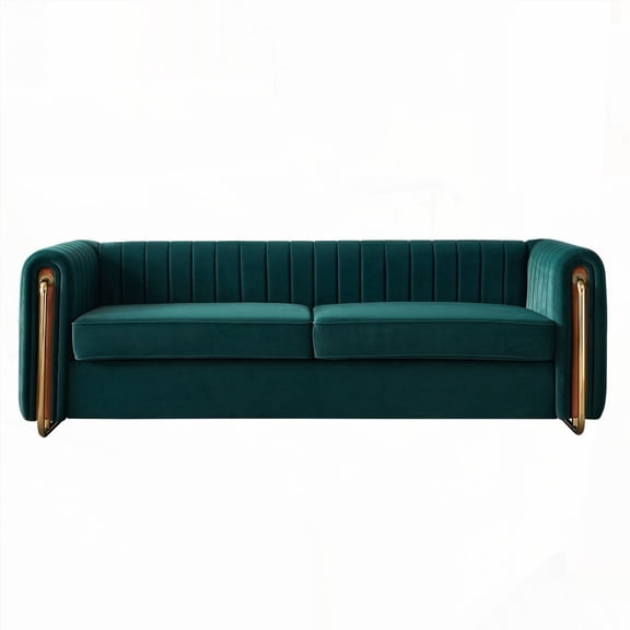Living Room 84.25''W Green Velvet Sofa Couch featuring Gold Metal Legs and Solid Wood Frame