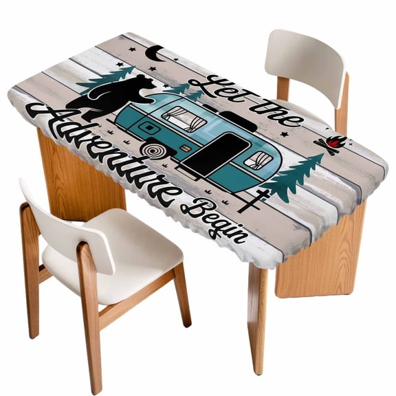 Camper Van Bear Fitted Rectangle Tablecloth 24" x 36" Let The Adventur Vintage Wood Grain Elastic Table Cloth Fits for 3 Foot Folding Tables Waterproof Table Cover for Picnic Camping Outdoor