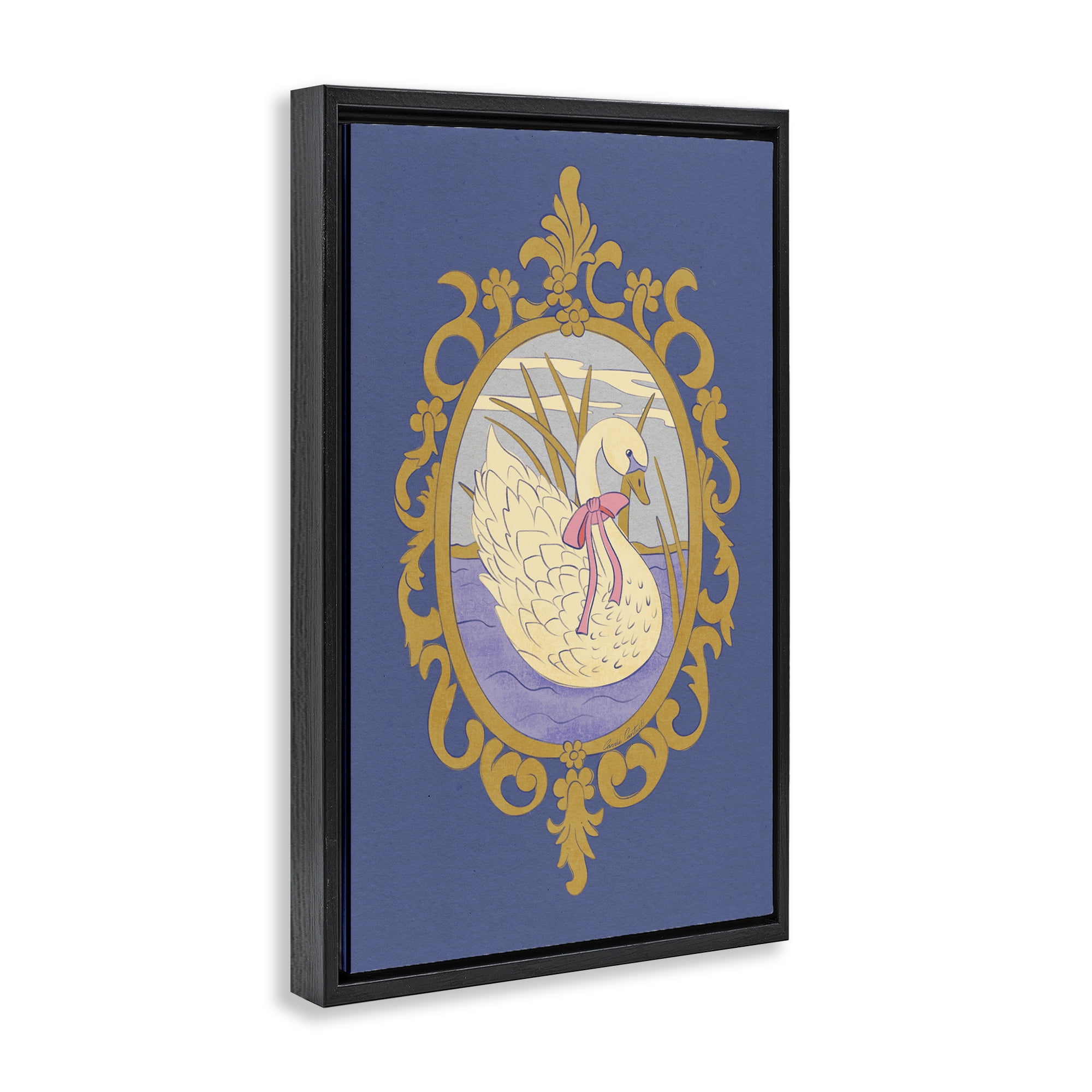 Stupell Industries Swan and Ornate Pattern Black Framed Floater Canvas Wall Art, design by Carrie Cantwell