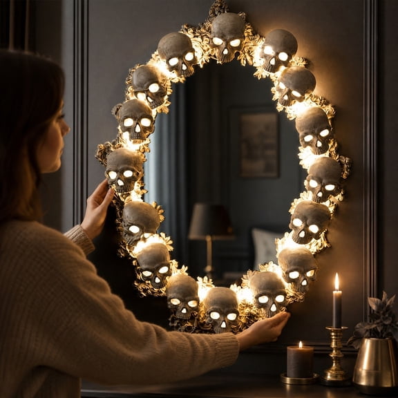Gothic Wall Decor Skull Framed Mirror Wall Art 16 Inch Led Mirror for Bedroom Spooky Halloween Home Decor Vintage Aesthetic Hanging Mirror for Wall, 1 Pack