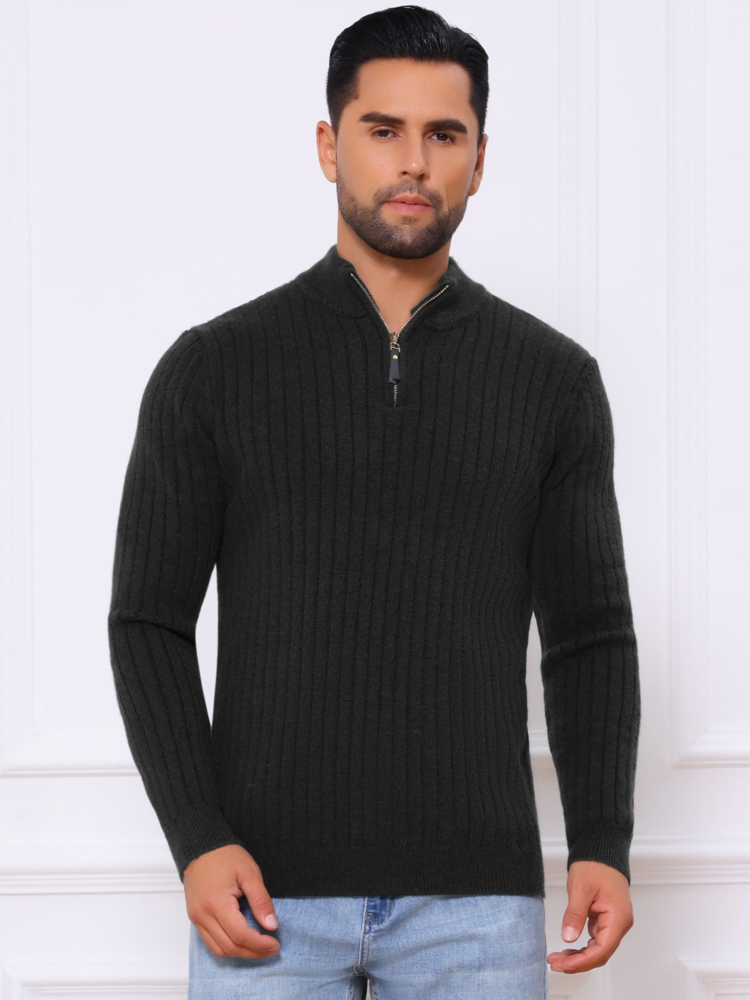 DARING DIVA Men's Casual Pullover Knitted Mock Neck Polo Sweater S Black