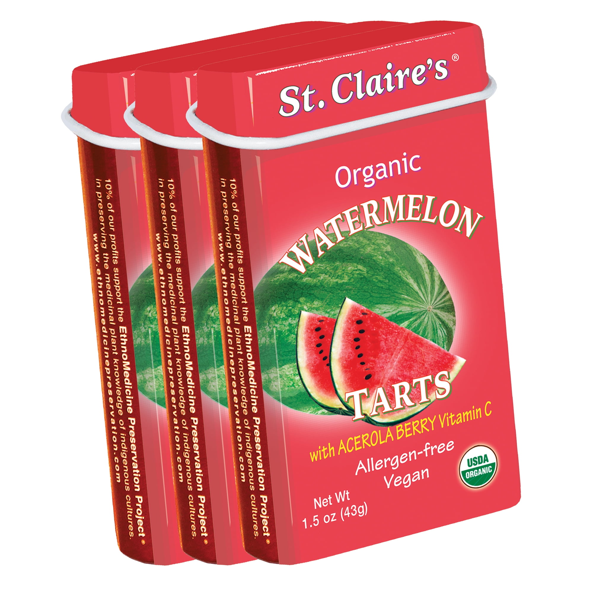 St. Claire s Organic Fruit Tart Candies (Watermelon 1.5 Ounce Tin Bundle of 3) | Gluten-Free Vegan GMO-Free Plant-based Allergen-Free | Made in the USA in a Dedicated Allergen-Free Facility