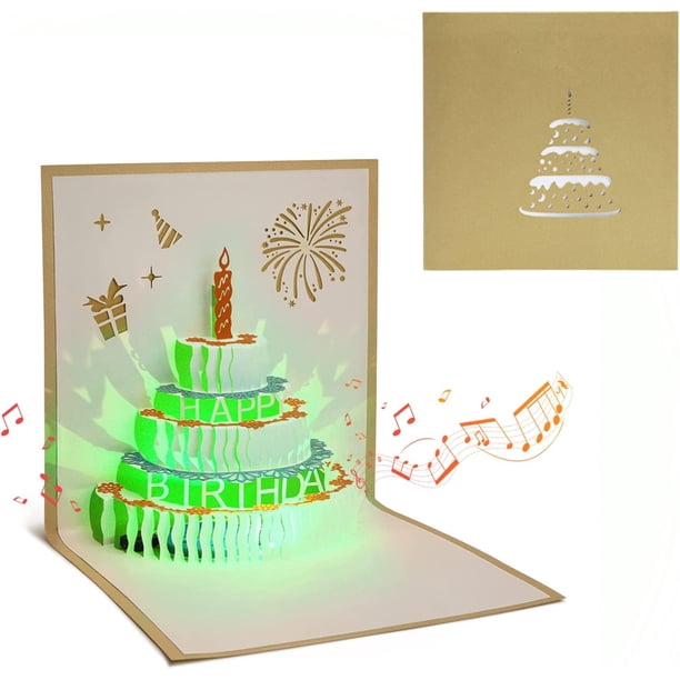 Tarjeta de cumpleaños, tarjeta de felicitación para mujeres, invitación a pastel con música y luces, tarjeta emergente 3D para niña y niño con sobre dorado.