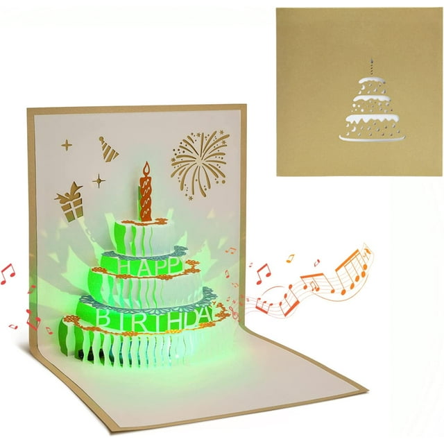 Tarjeta de cumpleaños, tarjeta de felicitación para mujeres, invitación a pastel con música y luces, tarjeta emergente 3D para niñas y niños con sobre dorado.