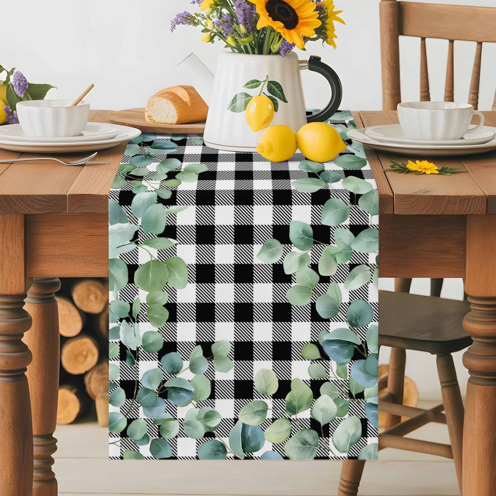 Farm Eucalyptus Leaves Table Runner 90 Inches Long, Geometric Black White Plaid Table Runners Tabletop Scarf Kitchen Dining Tables Decoration for Home Party Indoor Outdoor