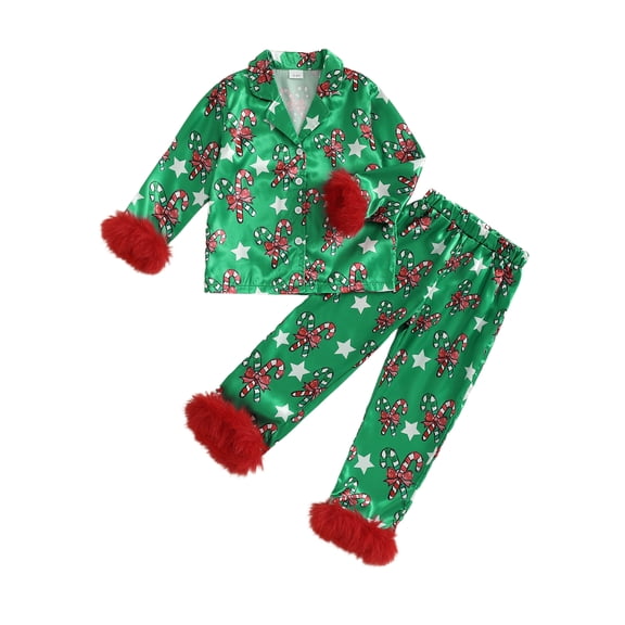 Cjfdfy Toddler Baby Girl Christmas Silk Stain Pajamas Set Kids Girl PJS Set Sleepwear Spring Fall Winter Clothes Candy Cane Long Sleeve Button Down Shirt with Long Pants Set Loungewear Homewear 1-7Y