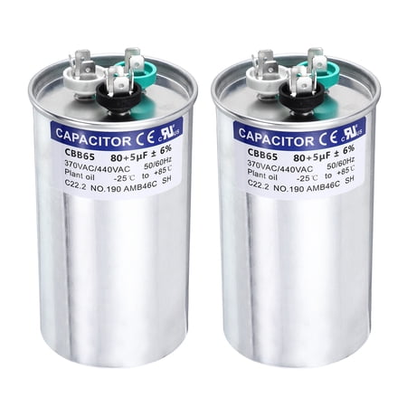 Uxcell 2Pcs 80+5MFD CBB65 Run Start Capacitor 80+5uF, 370/440V Round AC Capacitor for AC Motor Run, HVAC, Air Conditioner, Condenser Motors