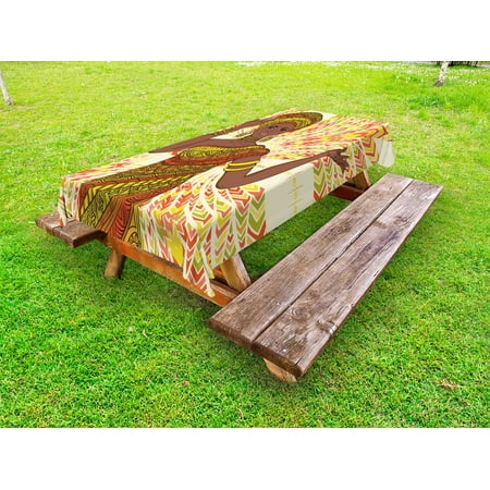 

African Woman Outdoor Tablecloth Dancing Woman Hand Drawing Ethnic Geometric Ornament Colorful Print Decorative Washable Fabric Picnic Tablecloth 58 X 120 Inches Green Red Yellow by Ambesonne