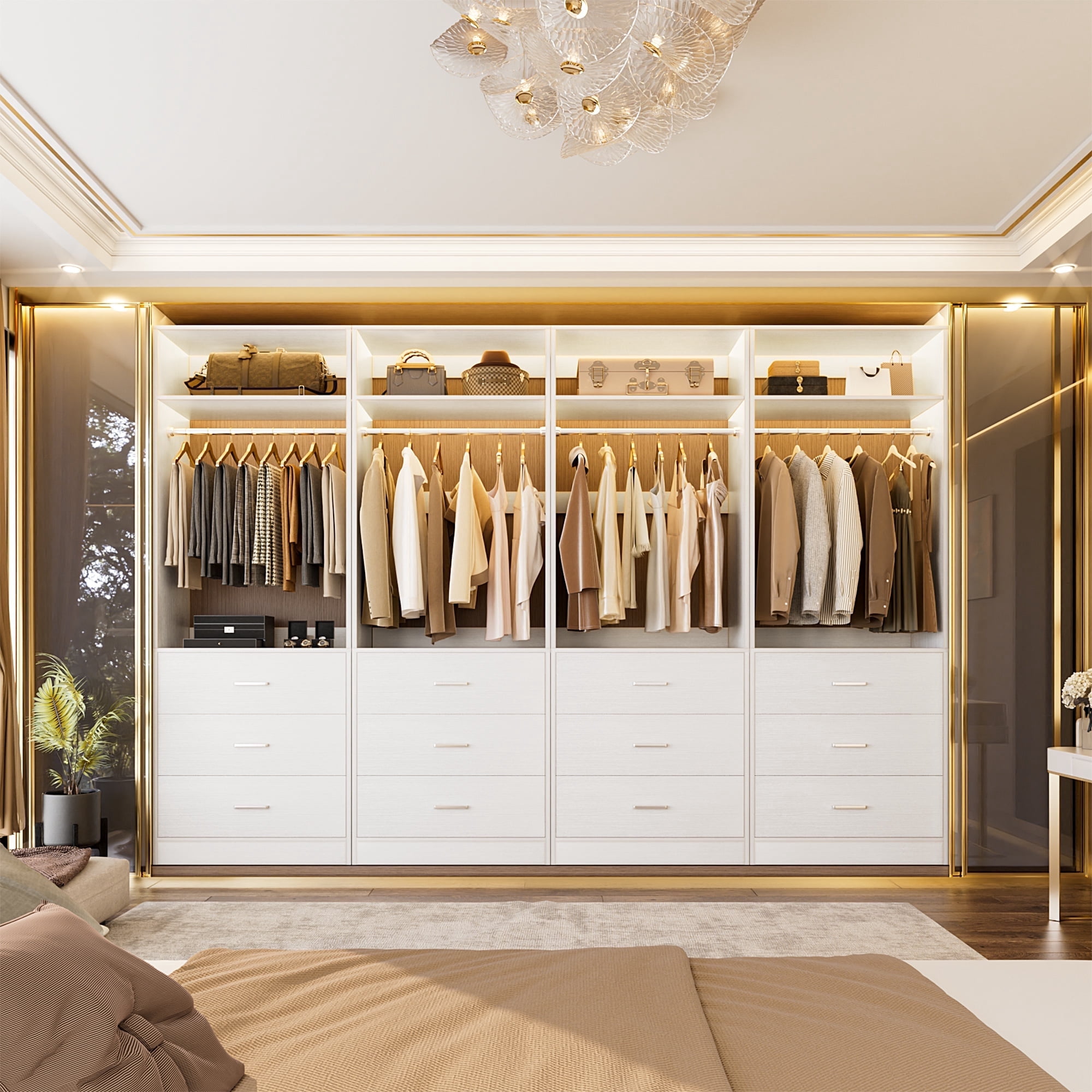 Homieasy 8FT (96 Inch) Closet Organizer System,Set of 4 - 12 Wood Drawers, 4 Hanging Rods & 4 Shelves, Heavy Duty Walk-in Closet Storage, White