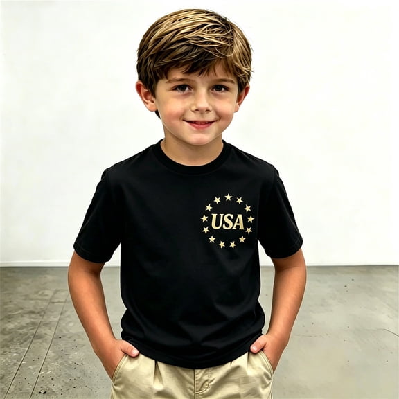 EliteGoogv Unisex Boys Girls Kids Graphic T-Shirts 4th of July Outfit Short Sleeve Crewneck Breathable & Lightweight Tee Tops 250th Independence Day Summer Casual ,Black,4Y - 5Y