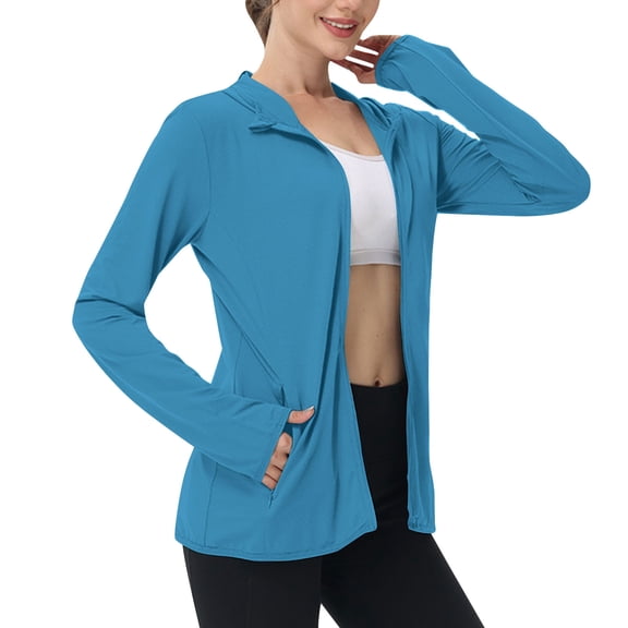 Sahpxhe Women's Sun Protection Hoodie Jacket Long Sleeve Zip-Up Lightweight Casual Shirts with Zipper Pockets Sky Blue XXL
