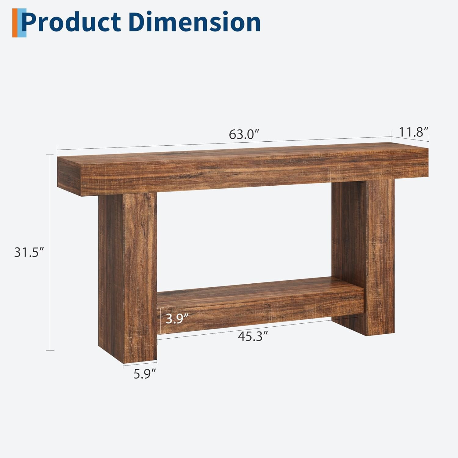 63 Inch Console Table, 2-Tier Farmhouse Sofa Table with Storage, Large Entryway Table for Living Room, Hallway, or Foyer