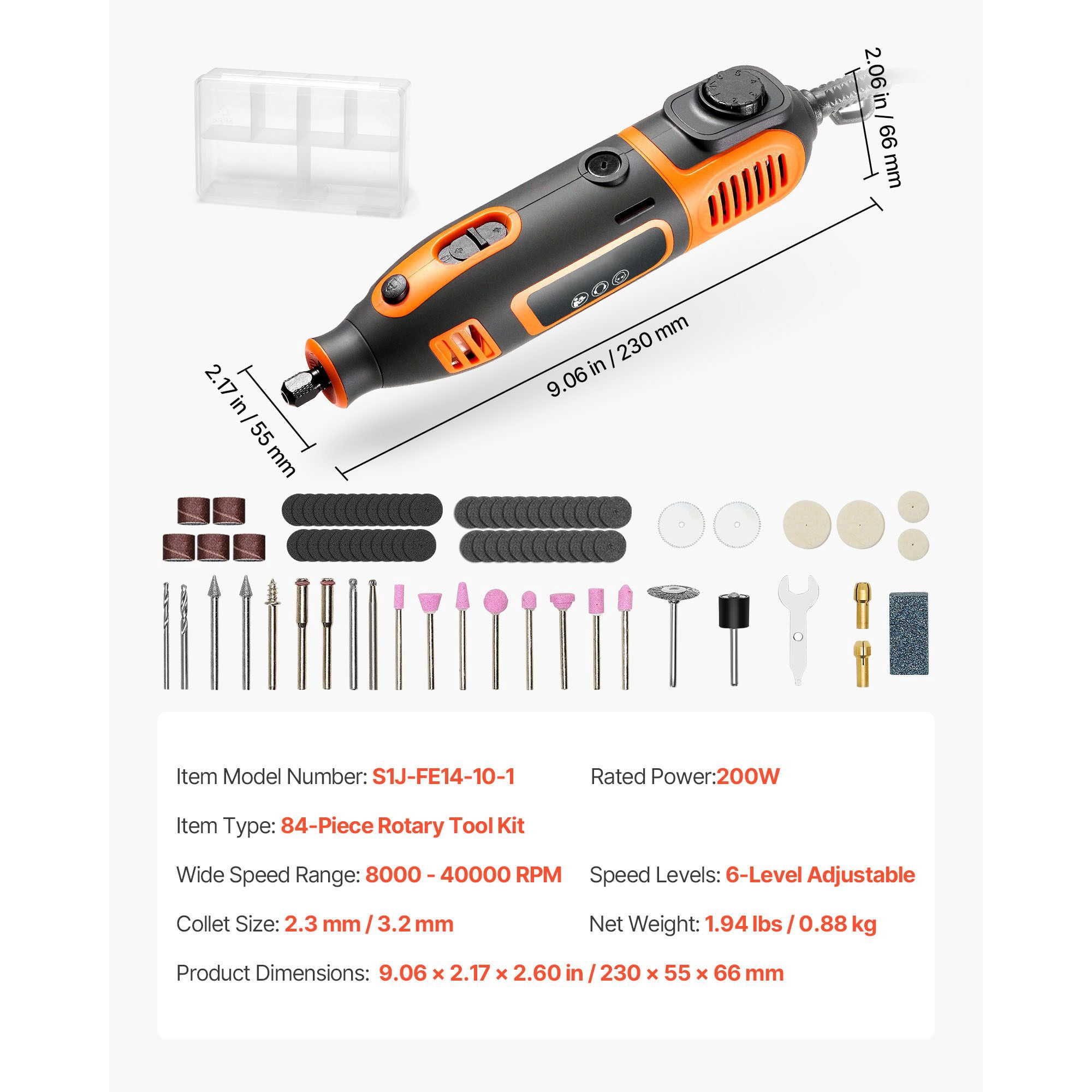 Rotary Tool Kit 84-Piece, 200W with 6 Variable Speeds 8000-40000 RPM, 2.3mm and 3.2mm Collets, Lightweight Ergonomic Design for DIY Cutting Sanding Drilling