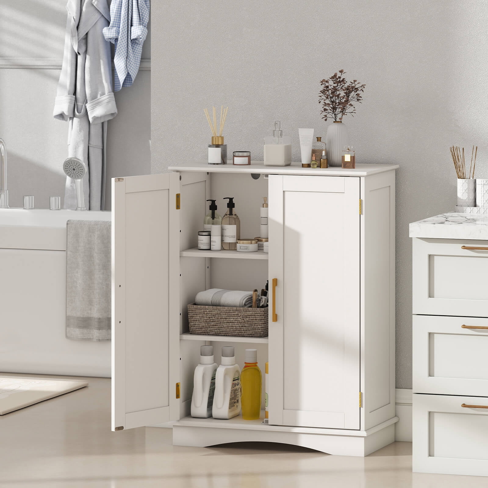 Costway Floor Storage Cabinet Modern Storage Organizer with Adjustable Shelves &2 Doors