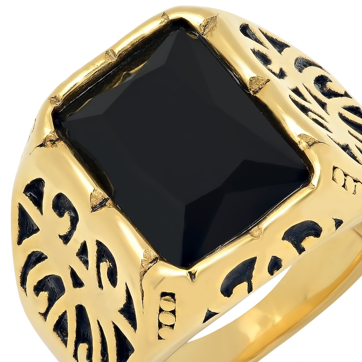 Men's 18K Gold Plated Stainless Steel Gothic Style Ring With Black Simulated Diamond