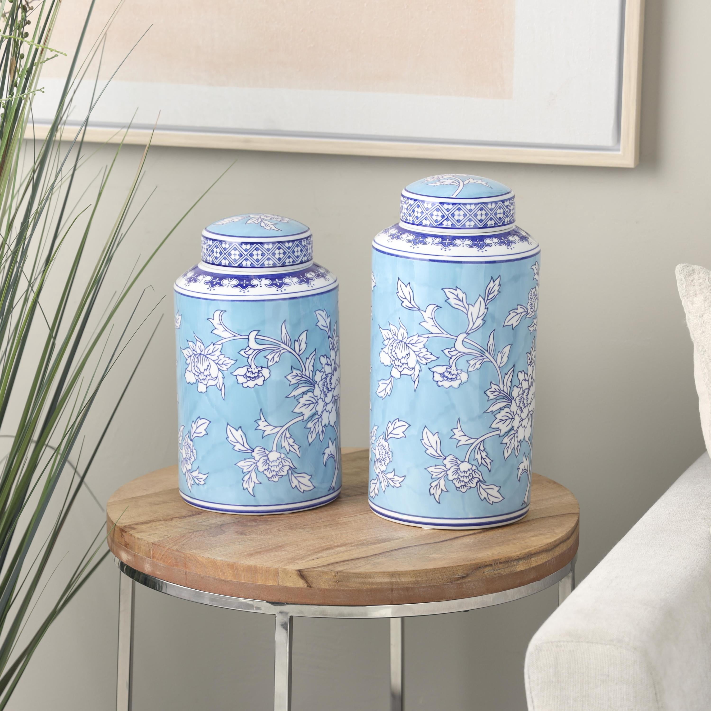 DecMode 12", 14"H Blue Ceramic Decorative Jars with White Floral Patterns, 2-Pieces