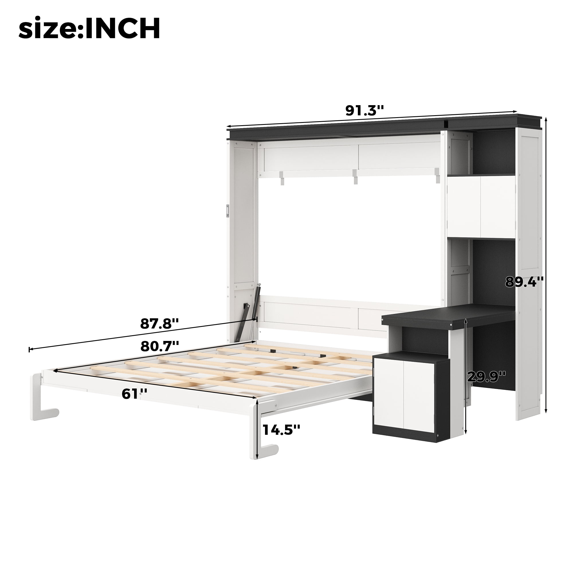 Queen Size Murphy Bed with Desk and Storage Shelves and Cabinets for Small Space, Guest Room