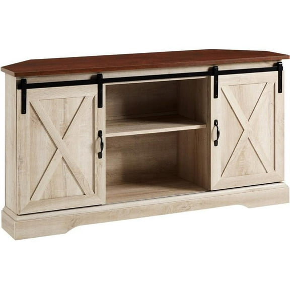 Kingfisher Lane 52" Sliding Barn Door Corner TV Stand in Brown/White Oak