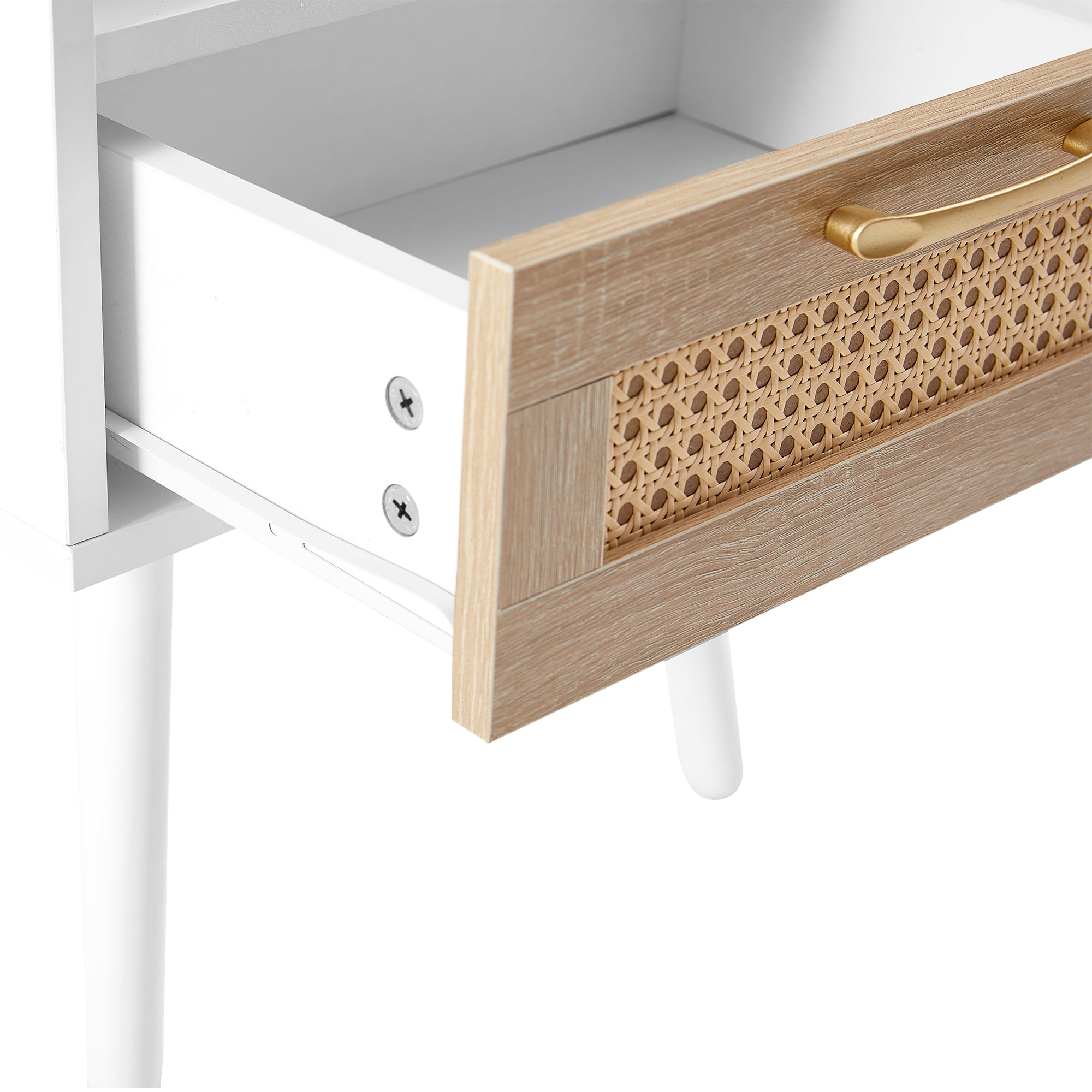 Kepooman Rattan Nightstand, 15.75" Bedside Table with Drawer and Solid Wood Legs, Wood End Table for Bedroom, White Kepooman Rattan Nightstand, 15.75" Bedside Table with Drawer and Solid Wood Legs, Wood End Table for Bedroom, White