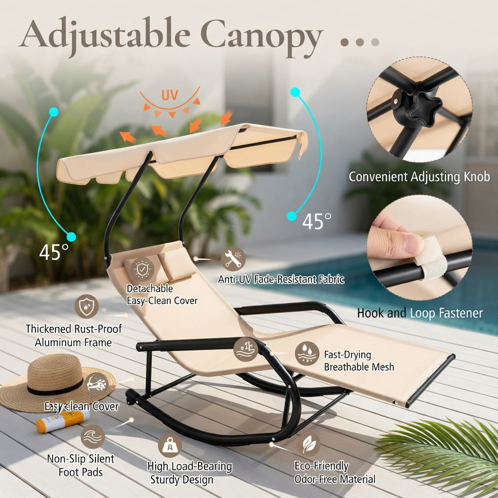 Hommoo 2-Person Outdoor Rocking Chaise Lounge with Adjustable Canopy & Mobility Wheels, Metal Frame Patio Lounger for Backyard, Poolside, Deck, Beige
