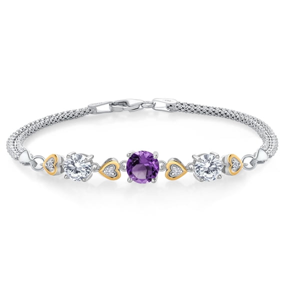 Gem Stone King 925 Sterling Silver and 10k Yellow Gold Purple Amethyst White Moissanite and Lab Grown Diamond Bracelet for Women (2.88 Cttw, Round 7MM and 6MM, 6.5/7/7.5 inch, Made in Italy)