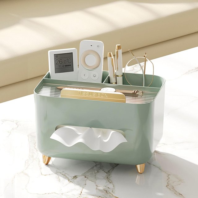 Tissue Box Cover Holder with Storage, Napkin Tissue Box Cover, Multifunctional Stationery Box Facial Tissue Holder Case Dispenser Storage Organizer Caddy for Home Office Bathroom (Light)