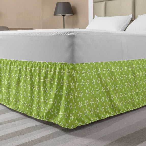 Star Bed Skirt, Repeating Cartoon Images Festive Items Celebration Style Shapes Retro Vibes, Elastic Bedskirt Dust Ruffle Wrap Around for Bedding Decor, 4 Sizes, Apple Green and White, by Ambesonne
