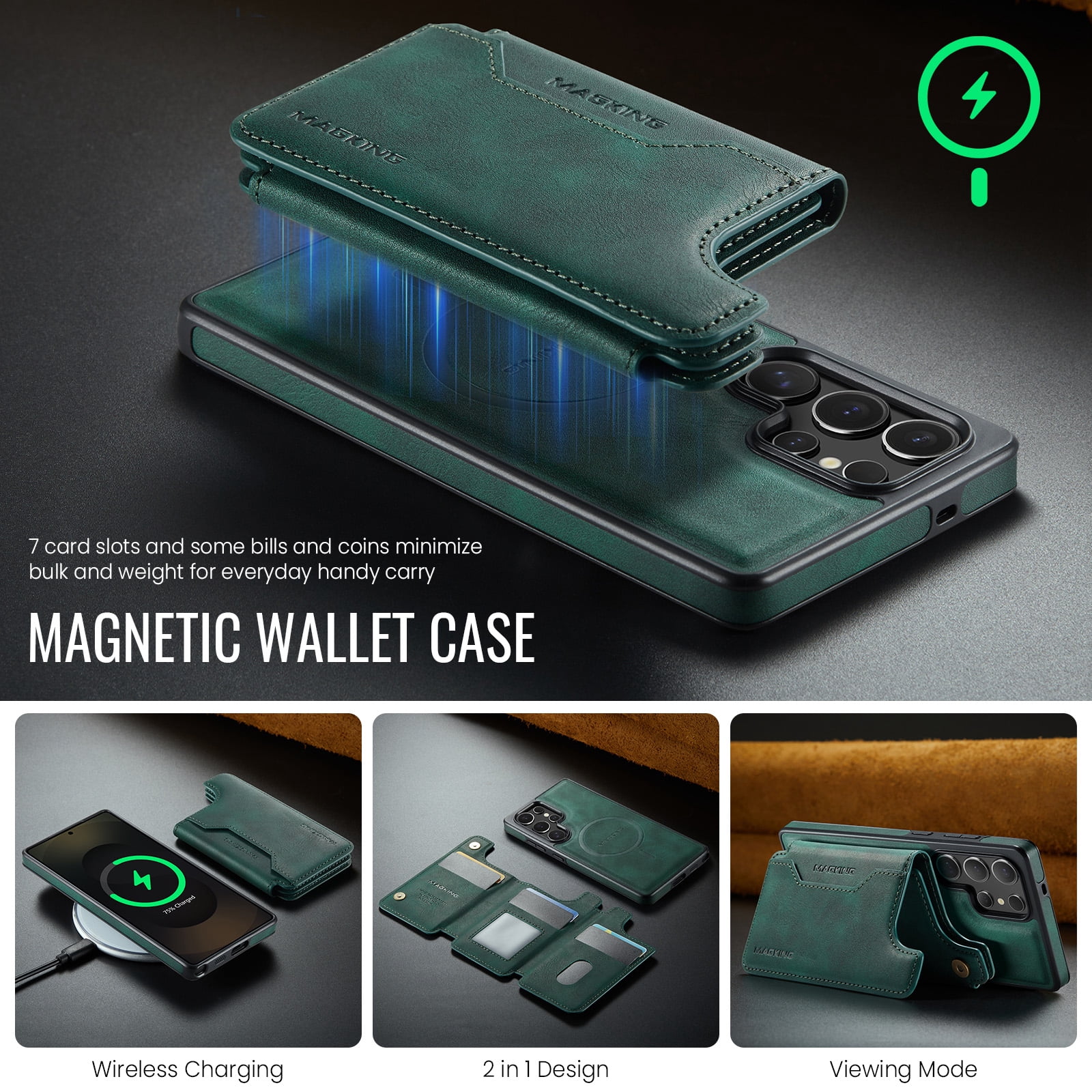 Designed for Samsung Galaxy S24 Ultra Wallet Phone Case,Magnetic Detachable Flip Card Holder,Back Flip Kickstand,Compatible with Mag-Safe,2-in-1 PU Leather Heavy Duty Shockproof Phone Case,Green