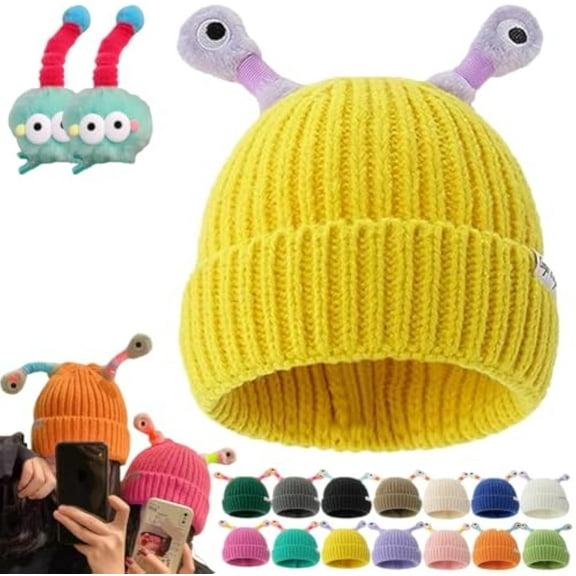 Winter Parent-Child Cute Glowing Little Monster Knit Hat,Cute Monster Tentacle Design LED Light up Warm Fuzzy Beanie（yellow）