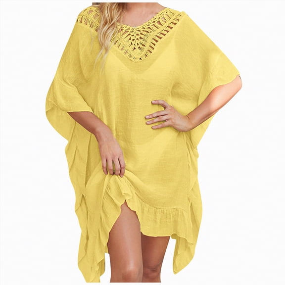 NIEWTR Women's Bathing Suit Cover Up Striped Print Drawstring Waist Loose Swim Cover Up(Yellow,One Size)
