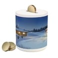 thumbnail image 1 of Christmas Piggy Bank, Wooden Rustic Log Cottage Scenery in the Winter Season Warm Moonlight, Ceramic Coin Bank Money Box for Cash Saving, 3.6" X 3.2", Blue White, by Ambesonne, 1 of 4