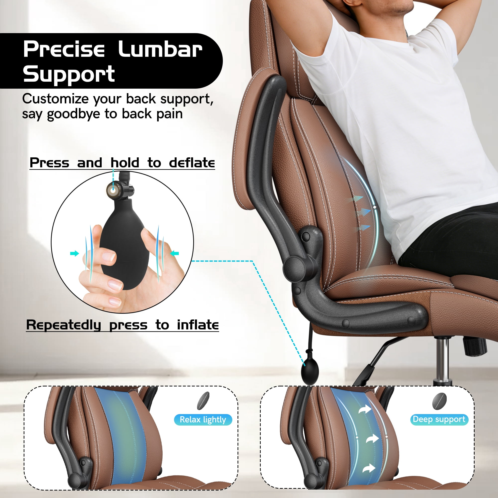 COOLHUT Big and Tall Office Chair 350LBS, Comfy Heavy Duty Executive Desk Chair with Adjustable Lumbar Support, Higth Back Computer Home Office Chair with Padded Flip -up Arms, Brown