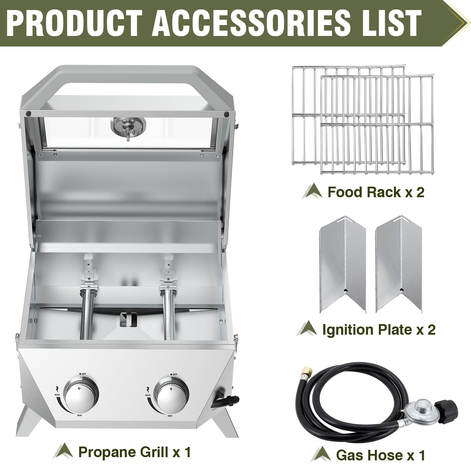 FRIZI 2-Burner Tabletop Gas Grill with Viewing Glass Lid, 20,000 BTU Stainless Steel Portable BBQ Grill with Thermometer and Push-Button Ignition for Camping, RV, Patio, and Tailgating