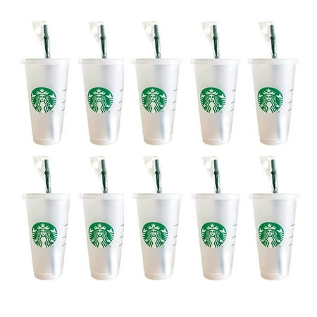

Starbucks 24oz/710ml Plastic Tumbler Reusable Clear Drinking Flat Bottom Cup Pillar Shape Lid Straw Mug White (6 Pieces)