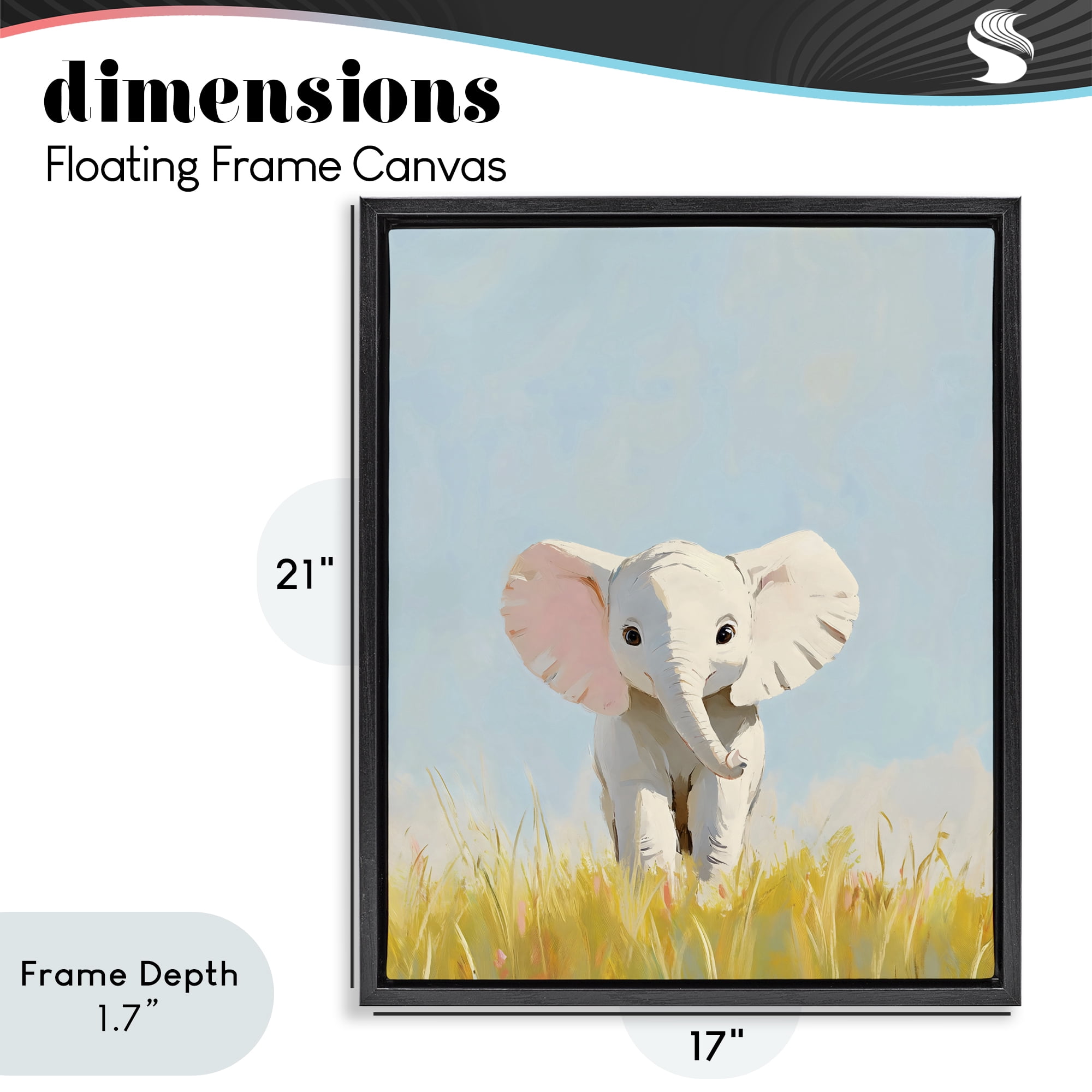 Stupell Industries White Baby Elephant in Grass Black Framed Floater Canvas Wall Art, design by The Prints Vibe