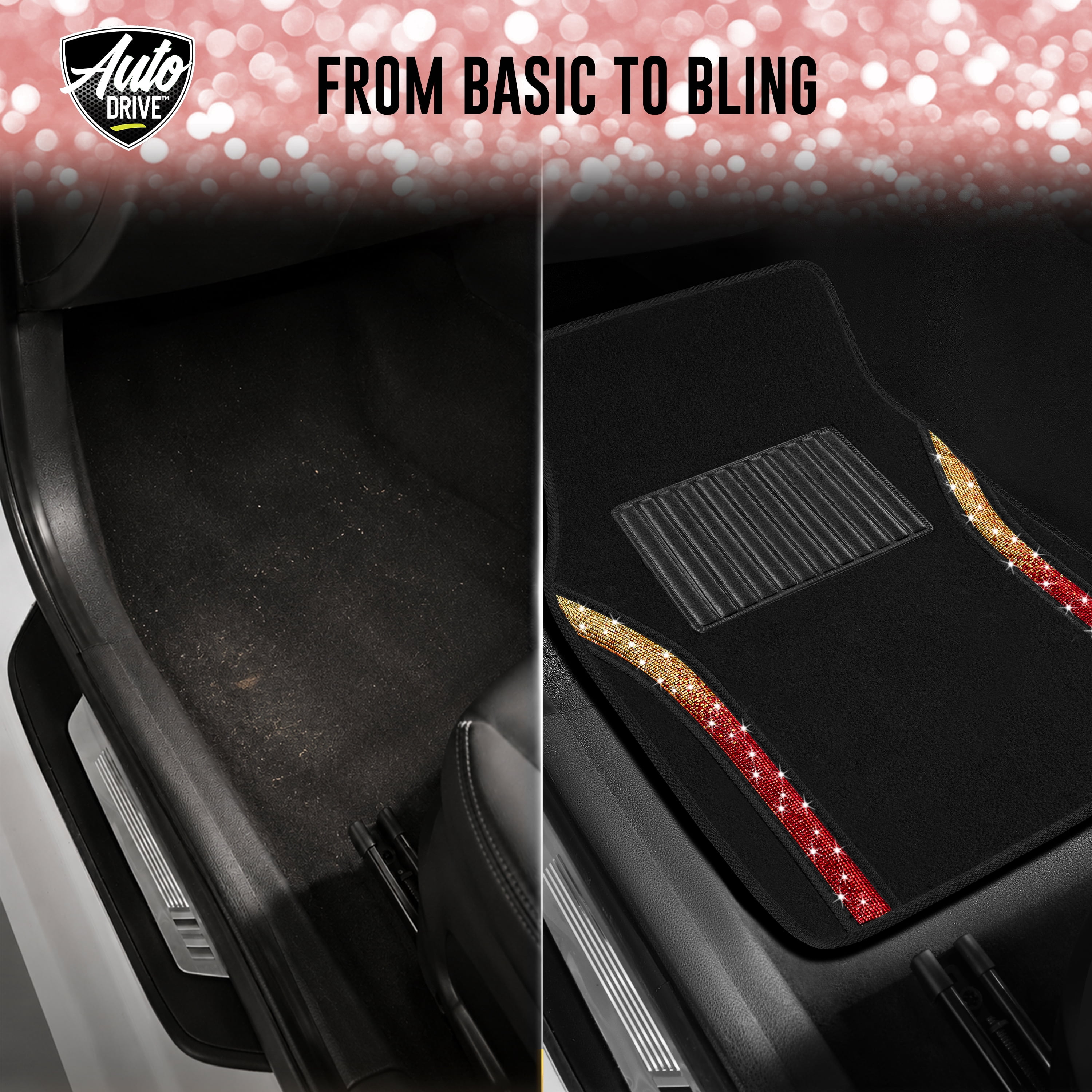 Auto Drive Bling Diamond Car Floor Mats, 4-Piece Glitter Carpet Set, Universal Fit for Cars，SUVs Orange Red