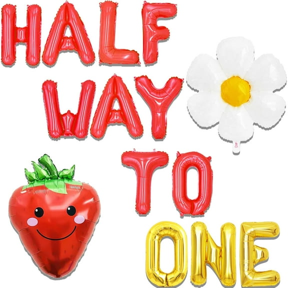 Halfway to One Aluminum Foil Balloon Set - 14-piece Party Decorations with Red and Gold Letters, Childlike Strawberries, and Flowers