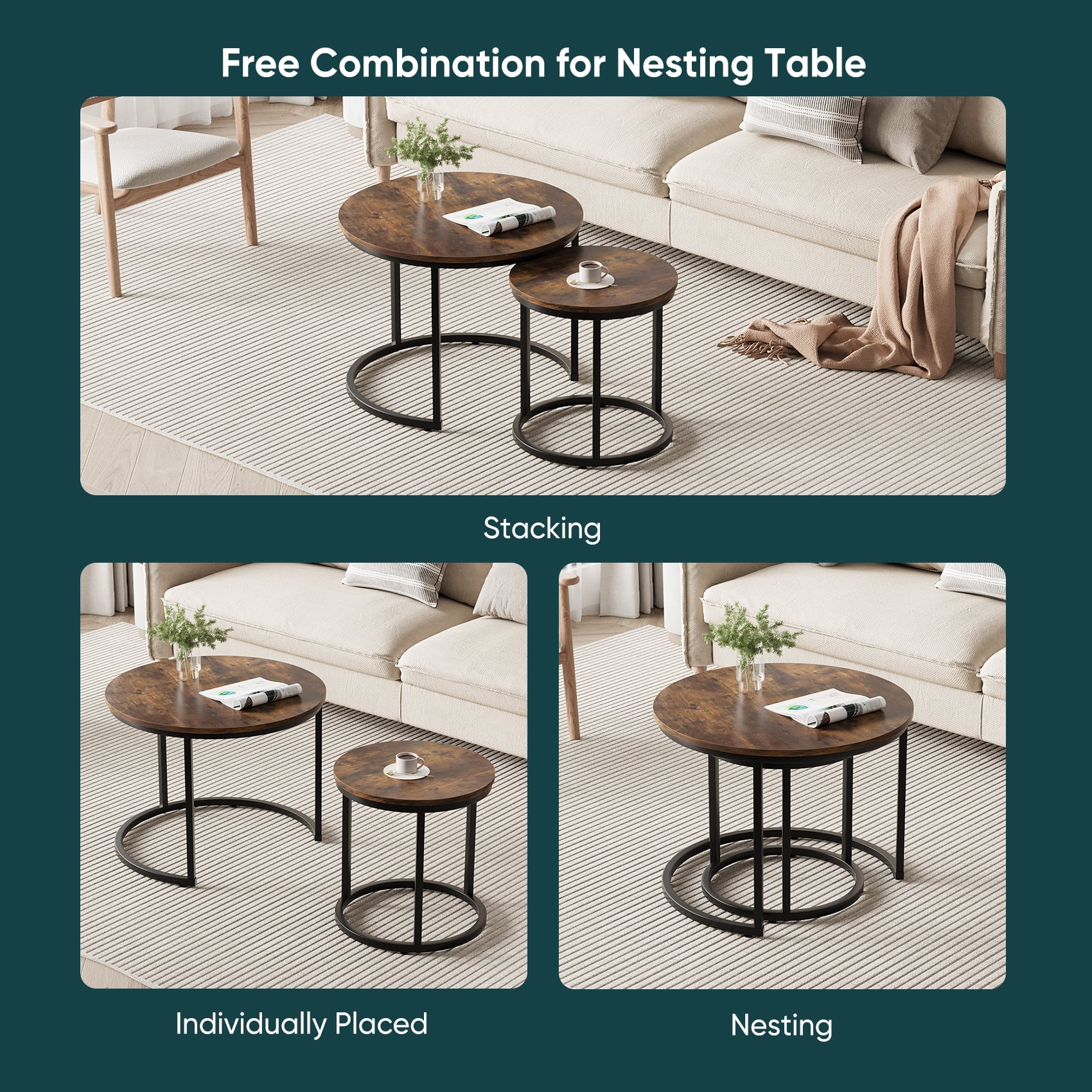 Algherohein Round Nesting Coffee Table Modern Marble Top Set of 2 for Living Room Black