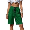 thumbnail image 4 of Cagogo Women Plus Size Bermuda Shorts Elastic Waist Casual Loose Shorts with Pockets Summer Drawstring Wide Leg Cropped Pants Lounge Beach Travel Trousers, Green L, 4 of 7