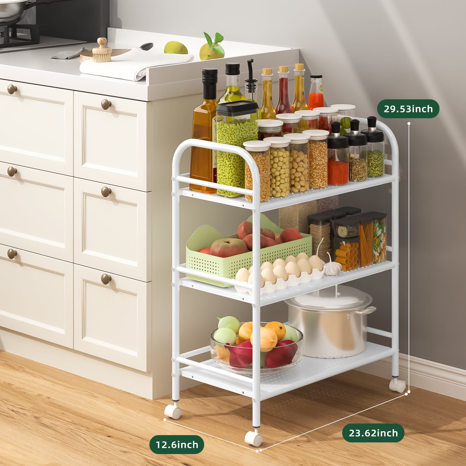 Cshidworld 3-Tier Metal Rolling Cart, Shelving Unit Storage Rack Kitchen Cart Island with Shelves, Heavy Duty Multifunctional Metal Frame with 2 Lockable Wheels for Home Office Kitchen Bedroom, White