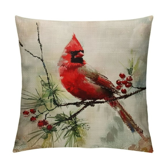 JRXY Cardinal Pillow Covers Watercolor Ink Painting Red Bird Sitting on The Tree Green Leaves Throw Pillow Cushion Cover Four Seasons Decorative Pillows Pillow Case White