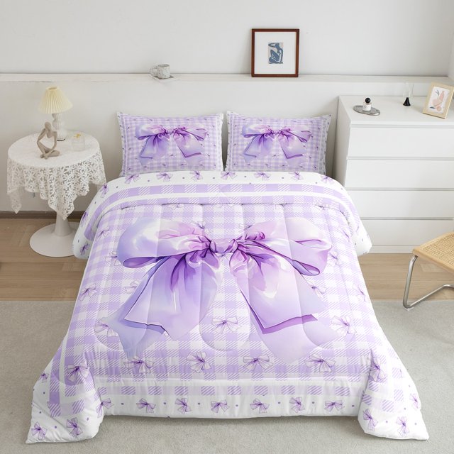Erosebridal Ensemble de Couette Simple Princesse avec Nœud pour Enfants, Couette en Duvet Violette, Déco Chic à Carreaux, Réversible 2 Pcs