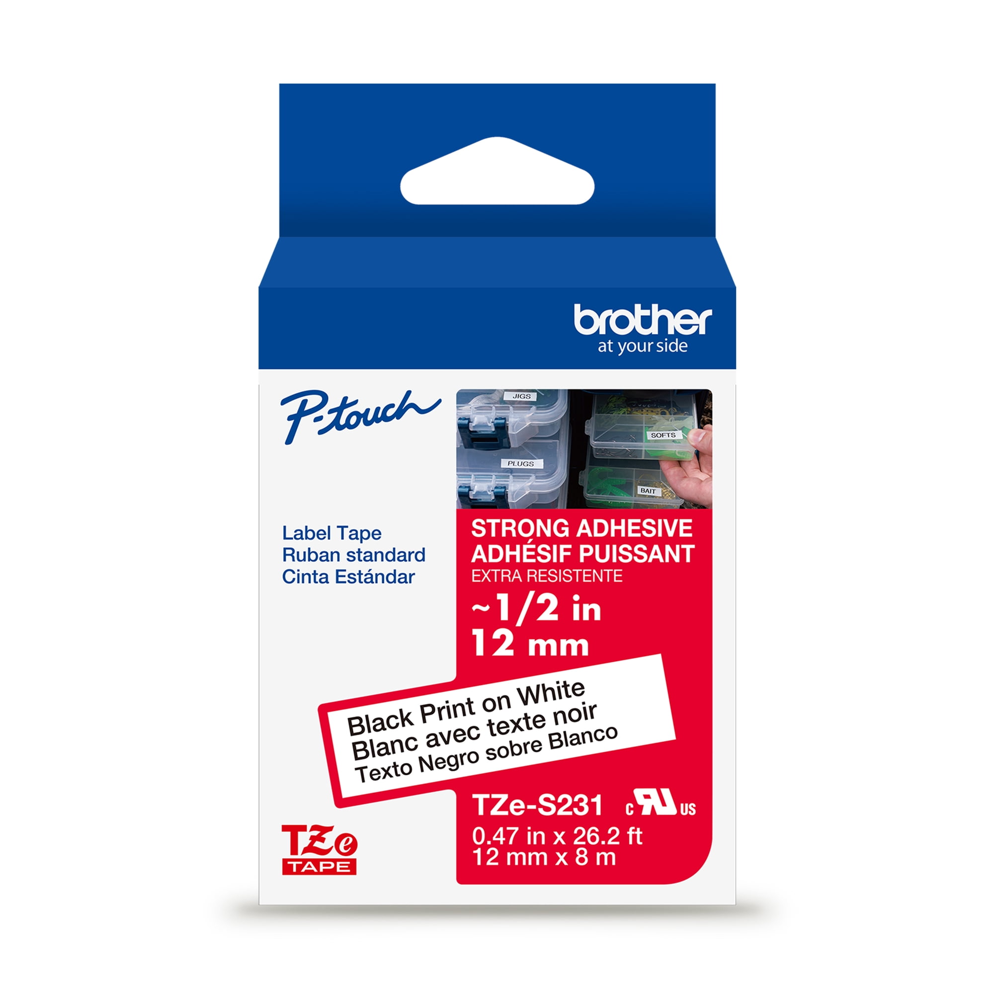 Brother P-touch TZeS231 Black Print on White Label Tape, 1/2in (12mm) x 26.2ft (8m) Laminated, 1-Piece